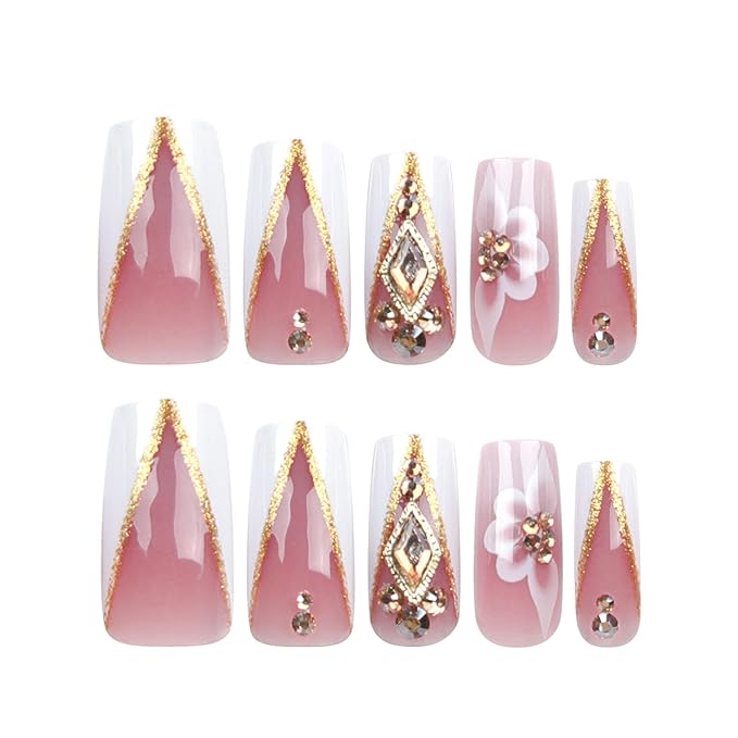RTKHFZE Press on Nails Long Square Fake Nails Gold Glitter V Shape False Nails French White Flower and Three-Dimensional Rhinestones Designs Acrylic Nails Glossy Full Cover Stick on Nail for Women