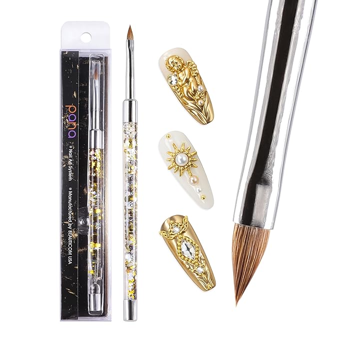 PANA 3D Kolinsky Nail Art Brush - Gold Glitter Handle, Size 4 - Acrylic Nail Art Sculpture Brush for Manicures Pedicure Salon Professional or Beginner