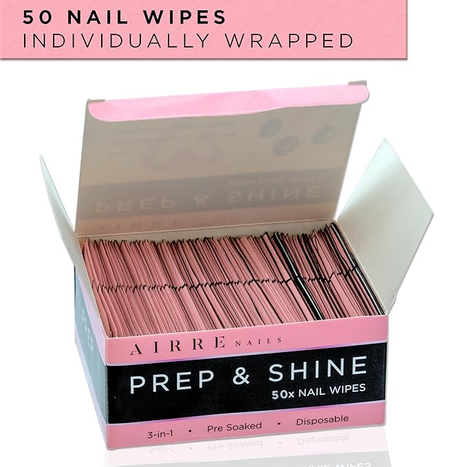 50 AIRRE NAILS Prep & Wipe Alcohol Nail Wipes 3in1 Lint-Free Prep & Shine Cleanser Pads for Gel Polish Sticky Residue & Tacky Layer Remover After UV/LED Curing – For Gel, Acrylic & False Nails & Tips
