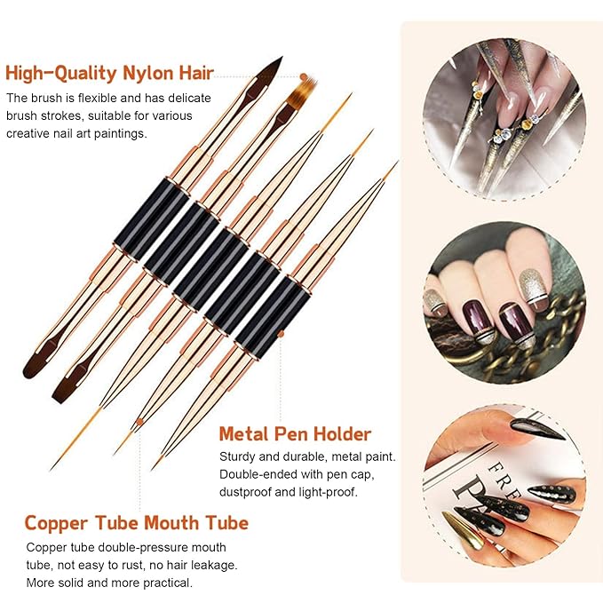 5Pcs Nail Art Bushes Set Double-Ended Professional Gel Polish Nail Art Design Painting Tools Nail Art Liner Brush (5/7/9/11/15/20mm) for Nails Detail, Long Lines, Ombre, Drawing(White)