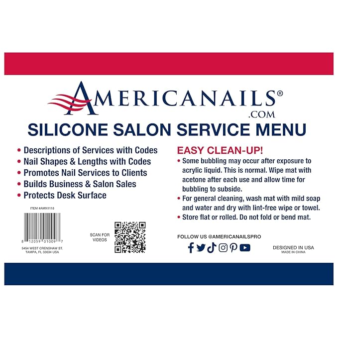 Americanails Silicone Salon Service Menu Mat, Professional Nail Salon Menu, Sales Tool, Helps Explain Services, Protects Nail Table, Wipes Clean With Acetone, Acrylic, Gel Natural Nail Services