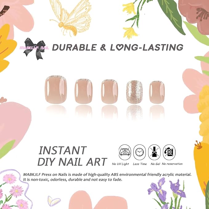 French Tip Press on Nails Glitter Petite Short Square Fake Nails Pink Nude Glossy Design Sparkly False Nails Glue on Nails with Full Cover Acrylic Stick for Women Girls Nail Decorations 24Pcs