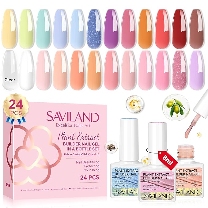 Saviland Builder Nail Gel Set with Nail Drill – 3 Colors Hard Gel(VE&VB5&Kerain) with 24 Colors Castor Oil & Vitamin E Builder Nail Gel Lamp Nail Brush for Nail Extension Shaping DIY at Home Salon