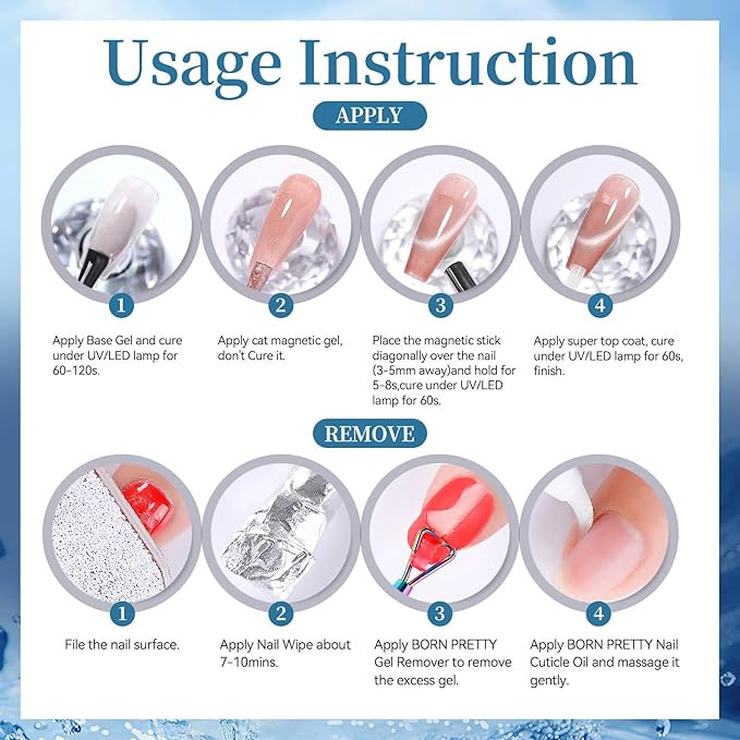 Born Pretty Blue Cat Magnetic Eye Gel Nail Polish Set,6 Colors Spring Summer Blue Shimmer Glitter Crystal Glass Magnetic Gel Polish Soak Off U V Nail Gels DIY Art for Women 7ML