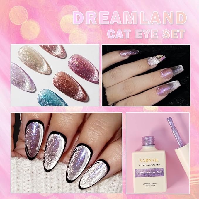 VARNAIL Dreamland Cat Eye Gel Polish Set 6 Colors, 15ML Glitter Aurora Gel Polish with Magnet, Soak off UV Light Salon Quality Magnetic UV Nail Polish