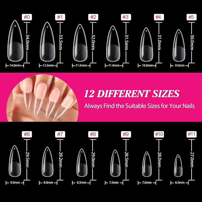 UNA GELLA Long Stiletto Nail Tips 504PCS, Full Cover Pre-Etched Long Stiletto Clear Fake Nails Tips, Sturdy Acrylic Press on Nails, No C Curve Soft Gel Tip for Nail Extension DIY Nail kit 12 Sizes