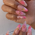 Press on Nails Medium Almond Fake Nails 3D Flowers Artificial Nail French Pink Stick on Nail for Women 30pcs