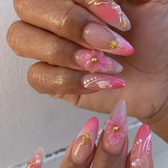 Press on Nails Medium Almond Fake Nails 3D Flowers Artificial Nail French Pink Stick on Nail for Women 30pcs