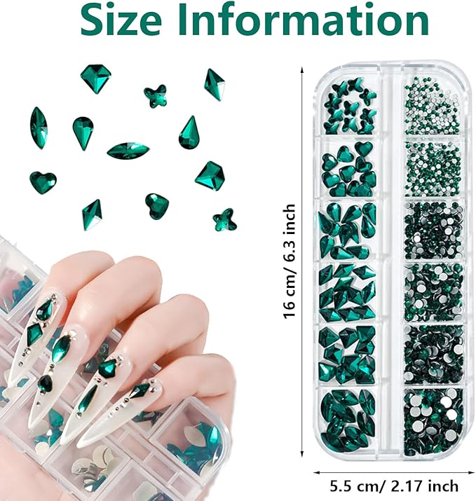 1650 Pcs Crystal Nail Rhinestone Kit Green Red Blue Color with Round Flat Back and Mixed Shapes Rhinestone Nail Art DIY Gem Bead for Girls Women