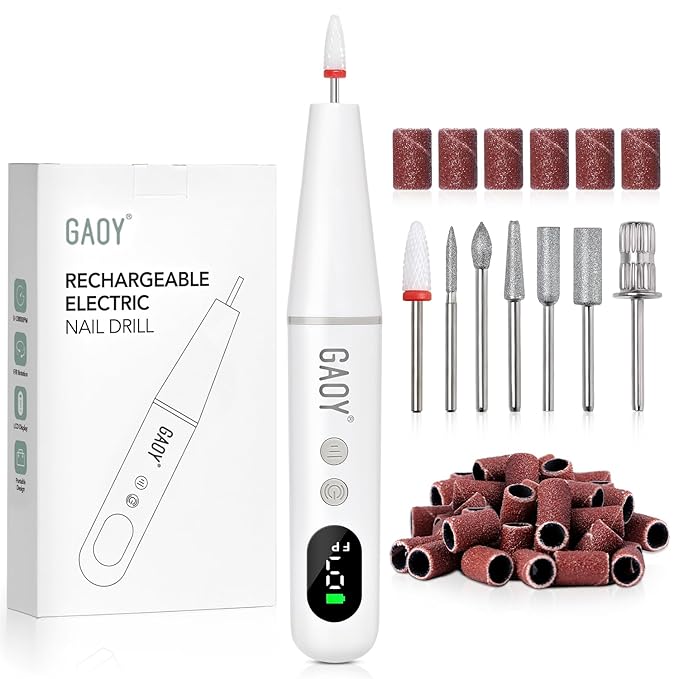 GAOY Cordless Nail Drill, Rechargeable Electric Nail File with LED Display, Lightweight Low Noise Manicure & Pedicure Tool for Gel Removal, Acrylic Nails & DIY Home Use, White