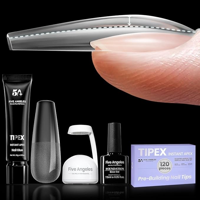 Tipex Instant Apex Nail Tips – Pre-Etched Acrylic Hard Gel Tips Kit for Flat Nails, Long Coffin Deep C Curve, Full Cover Press-On Nails for Beginners, UV Glue & LED Lamp Set