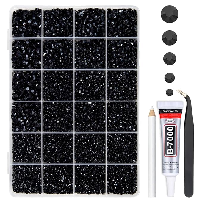 Pure Black Jelly Resin Flatback Rhinestones w B7000 Glue for Bedazzling Crafting 2-6mm Flatback Gems Diamonds Bedazzler Kit Charms for Nails Face Eyes Makeup Tumblers Bottles DIY Crafts Shoes