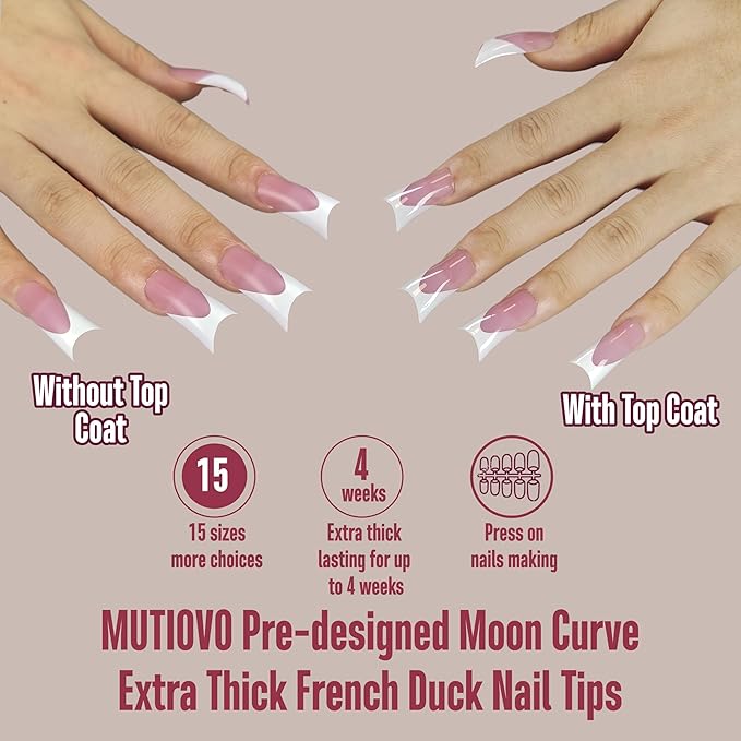 White French Tip Duck Feet Nail Tips Full Cover for Press on Acrylic with Moon Curve, BERRY PINK Extra Thick Medim Long, Flare Wide Soft Gel Fake False Nail Extension x 15 Sizes 150 pcs