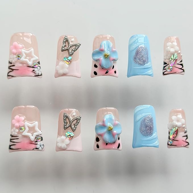 Luxury Press on Nails Short Duck Handmade 3D Unique Reusable ABS Material Fake Nails Pink French Tip False Nails with Designs Flower Butterfly Rhinestones Glossy Glue on Nail Thick Acrylic Nail(M)