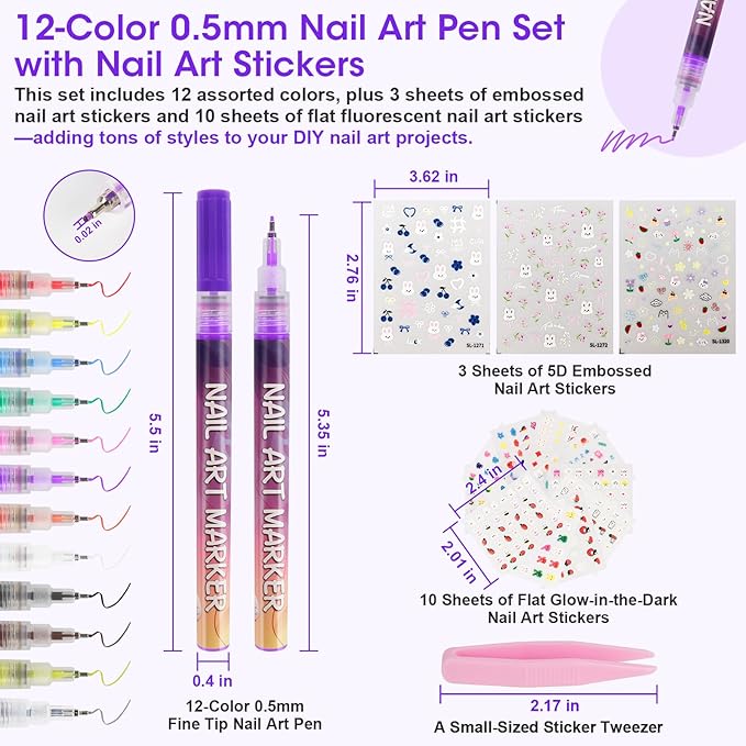 Pintada 12 Color Nail Art Pens Set - 0.5mm Fine Tip Nail Art Markers with Stickers, Leak-Proof Nail Pens for DIY Nail Art, Greeting Cards & Crafts