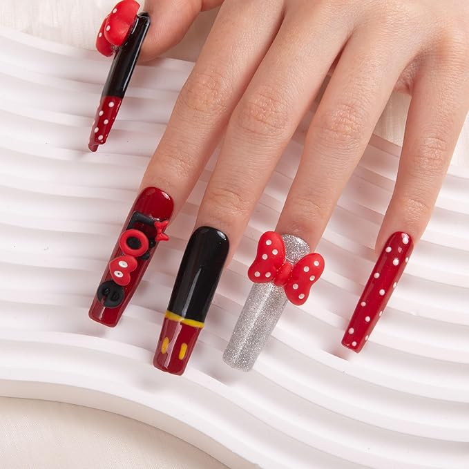 LOVFUL Press on Nails Bowtique| Handmade with Full Covered Crystals| Reusable Fake Nails| Square Mid length 1.7in| H202-S