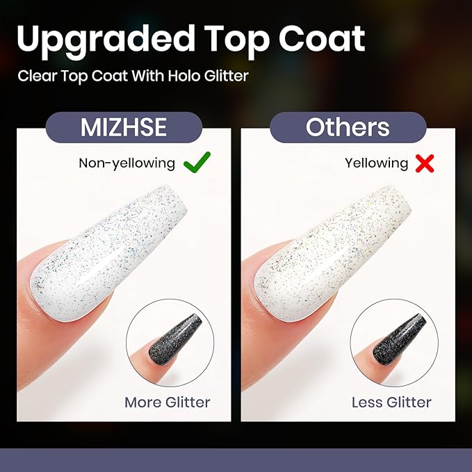 MIZHSE Glitter Top Coat, Clear Glitter Gel Silver Holographic Sparkle No Wipe Rainbow Shimmer Gel Nail Polish for Nail Art Home Manicure 10ml