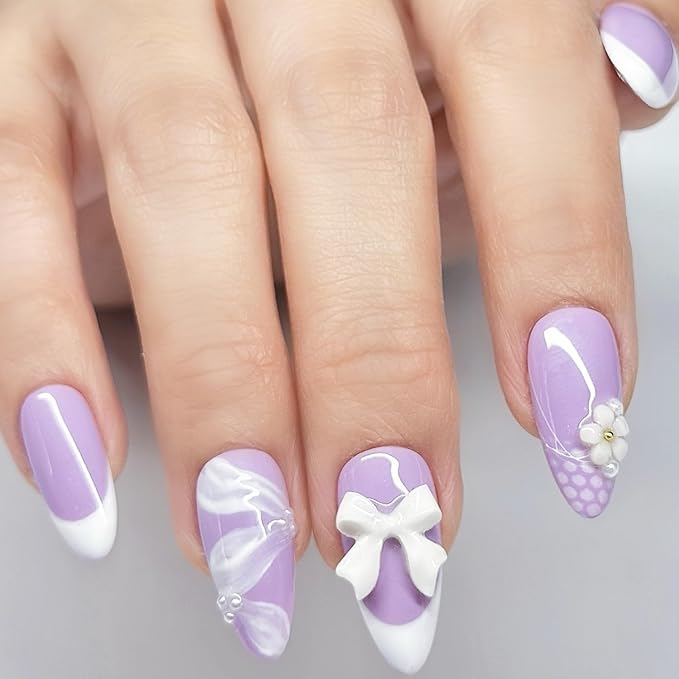 Handmade Press On Nails Medium Almond Pastel Purple with White French Tip, Flower Accents 3D Bow & More. Reusable Soft Gel Nails in 12 Sizes -24 Nail Kit with Glue| Designed in L.A| Lilac Lace