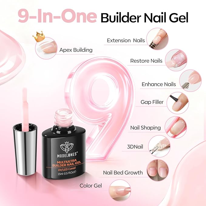 modelones Builder Nail Gel,No Top Coat Needed Builder for Nails Cover Nude, C-Curve Sculpting, Glossy Jelly Finish Nude Pink, No-Wipe, 9-in-One LED Lamp Cured Color Gel Polish for Quick Diy Salon