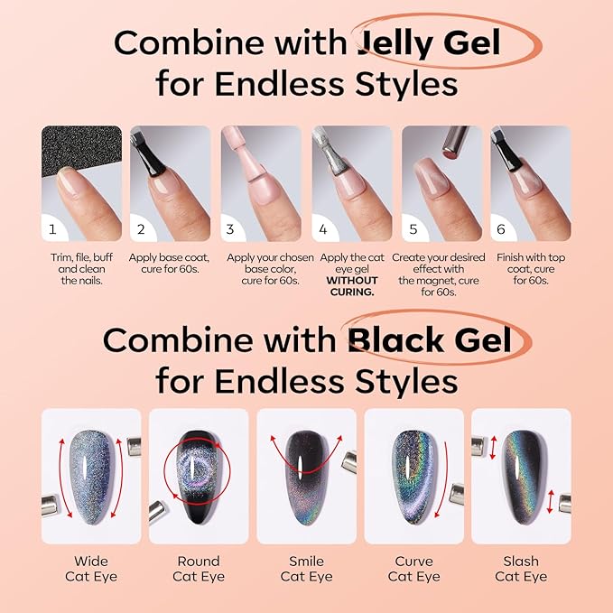 modelones Nude Cat Eye Gel Nail Polish Nude Gel Polish Jelly Glass with Magnet Holographic Glitter Shimmer Translucent Sheer Color Magnetic Nail Polish 15 ML