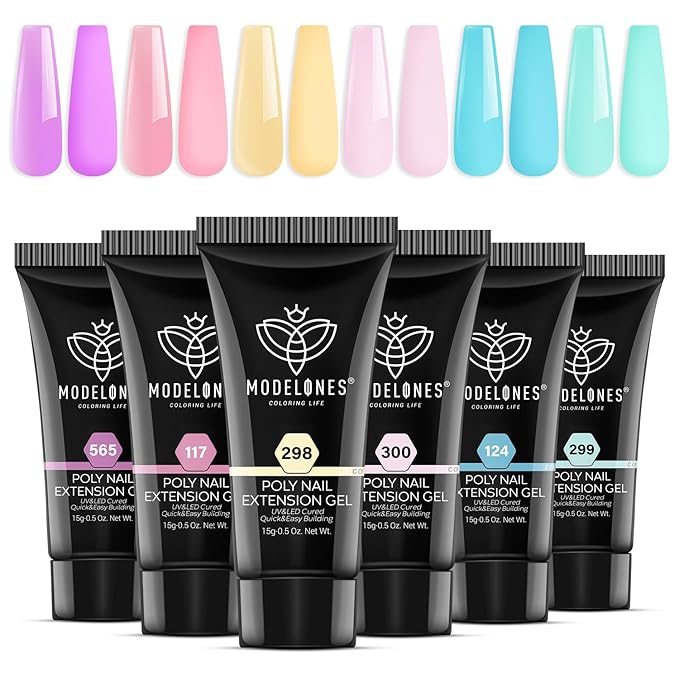 modelones Poly Gel Set 6 Colors Spring Pastel Macaron Collection Nail Extension Kit Pink Yellow Blue Builder Nail DIY Manicure Salon at Home