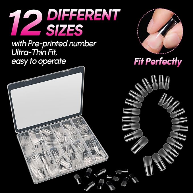 AIMEILI Long Square Nail Tips Soft Gel Tips 12 Sizes, 504Pcs Pre Shaped Half Matte Press On Nails False Nails for Nail DIY Art Nail Extensions Acrylic Nails