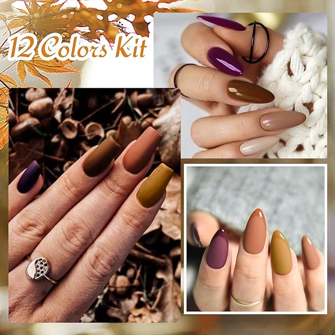 MTSSII 12 Colors Brown Gel Nail Polish Set, Fall Winter Skin Tones Nude Gel Polish Roasted Chestnuts Chocolate Collection Neutral Khaki Gel Nail Kit Nail Art Salon DIY Gift for Women