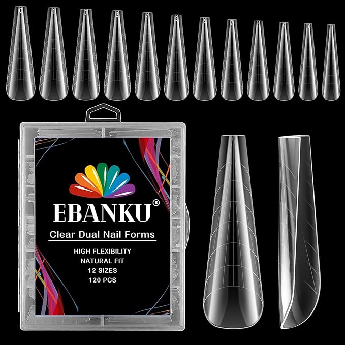 EBANKU 120Pcs Poly Extension Gel Dual Forms Clear Tips Set - Acrylic False Nails With 12 Sizes Square Stiletto Gel Forms Full Cover Reusable Molds