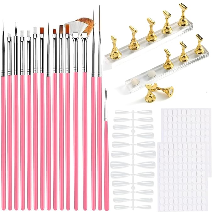 Nail Stand Set for Press Ons, Starter Design Tools Kit Practice Display 15PCS Nail Art Brushes 120PCS Clear Almond Fake Tips Nail Holder for Painting Double-Sided Adhesive Tape Home Manicure