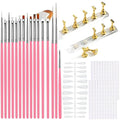 Nail Stand Set for Press Ons, Starter Design Tools Kit Practice Display 15PCS Nail Art Brushes 120PCS Clear Almond Fake Tips Nail Holder for Painting Double-Sided Adhesive Tape Home Manicure