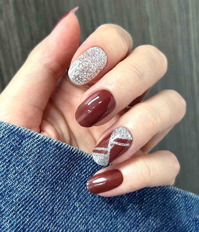 Nail Polish Strips (No UV Lamp Needed) - 22 Pcs Salon Quality Gel Nail Stickers - Long Lasting Wraps (Silvered Wine)