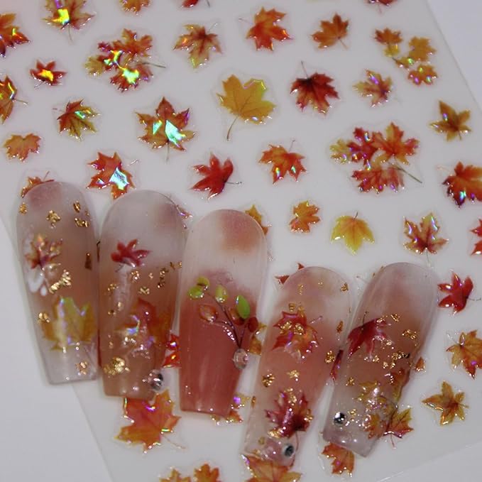 Fall Nail Stickers Thanksgiving 5D Embossed for Glitter Maple Leaves Glitter Nail Art 3D Self-Adhesive Nails Decoration Autumn Holiday Nail Decals DIY for Women Girls Manicure Supplies 4 Sheets