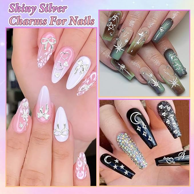 Silver Alloy Cross Star Nail Charms, Silver Metal Nail Beads, White Flatback Pearls, 3D Star Moon Heart Bow Butterfly Nails Studs, Mixed Sizes Caviar Beads and Pearls for Nail Art Accessories DIY