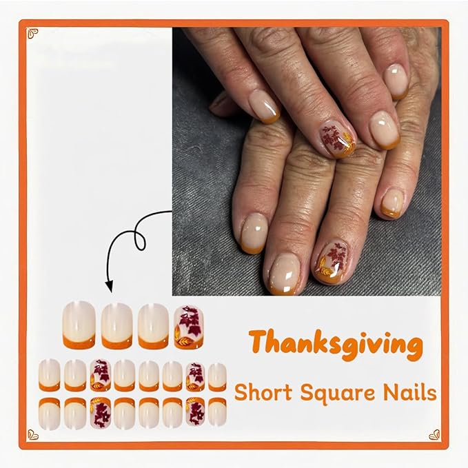 Orange French Press on Nails Short Square Fake Nails Fall False Nails Press ons with Maple Leaf Design Glossy Full Cover Stick on Nails for Women Thanksgiving Manicure, Reusable | Artificial | 24Pcs