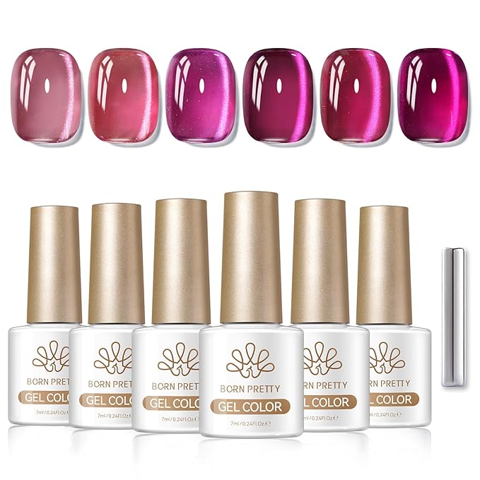 Born Pretty Cat Magnetic Eye Gel Nail Polish Set,6 Colors Jelly Glass Crystal Purple Red Pink Glitter Magnetic Gel Polish, Soak Off Nail Polish Valentine's Day Gift DIY Salon Home