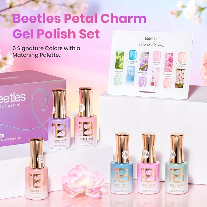 Beetles Petal Charm Cat Eye Gel Nail Polish Set - 6 Colors 15ML Spring Gel Polish Kit Glitter Pink Purple Blue Orange Red Green Magnetic Effect Soak Off UV Nail Art DIY Manicure Gift for Women