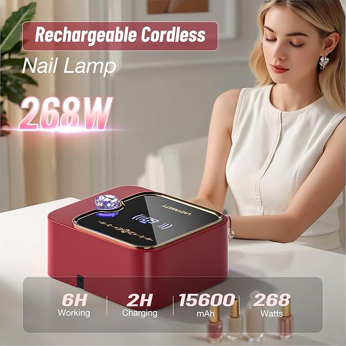268W UV Nail Lamp Cordless, Rechargeable UV Light for Gel Nails with Convenient Knob & Full LCD Display Screen, Portable LED Nail Lamp, Professional Nail Dryer for Nail Salon & Home