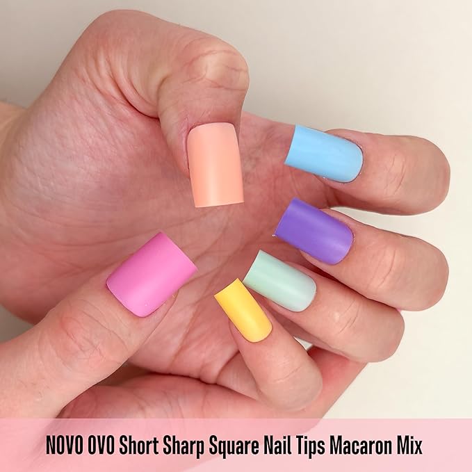 NOVO OVO Pastel Nail Tips Press on Macaron Color Colorful 6 Mix Dopamine Shades, Short Sharp Square Soft Gel Matte Thick False Nail Extension, Full Cover Acrylic for Salon DIY x 15 Sizes 180 pcs