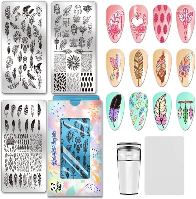 PH PandaHall 3pcs Feather Nail Stamping Plates Dreamcatcher Nail Art Templates Feather Flower Nails Image Plates Dreamy Pendant Nails Design Stamp for Women Manicures Salon DIY Printing Decoration