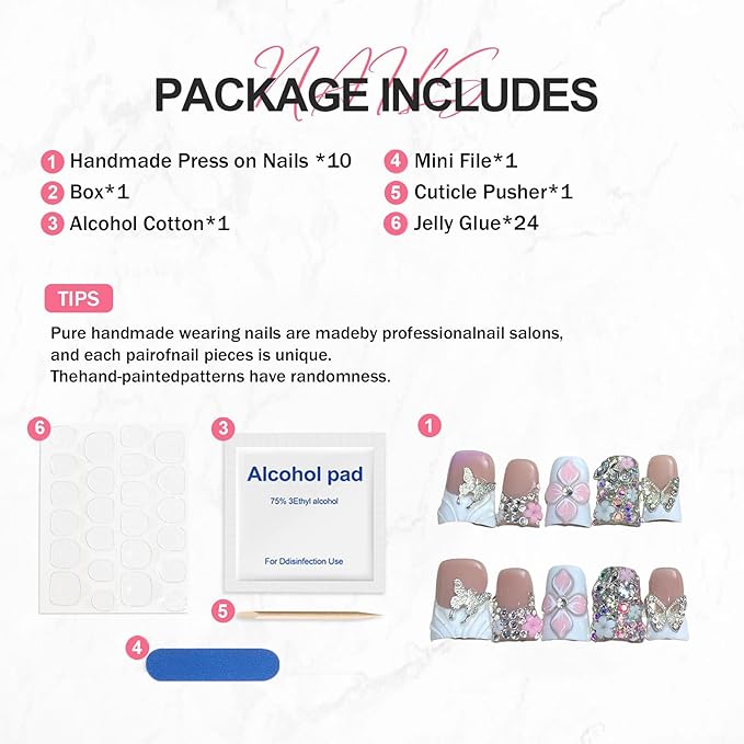 Duck Shaped Press on Nails 3D Flower Colorful Rhinestone and Butterfly Embossed Design Thick Acrylic and Muti-Layer Gel Handmade Press on Nails White French Tip Thick Acrylic Nails for Women (Size M)