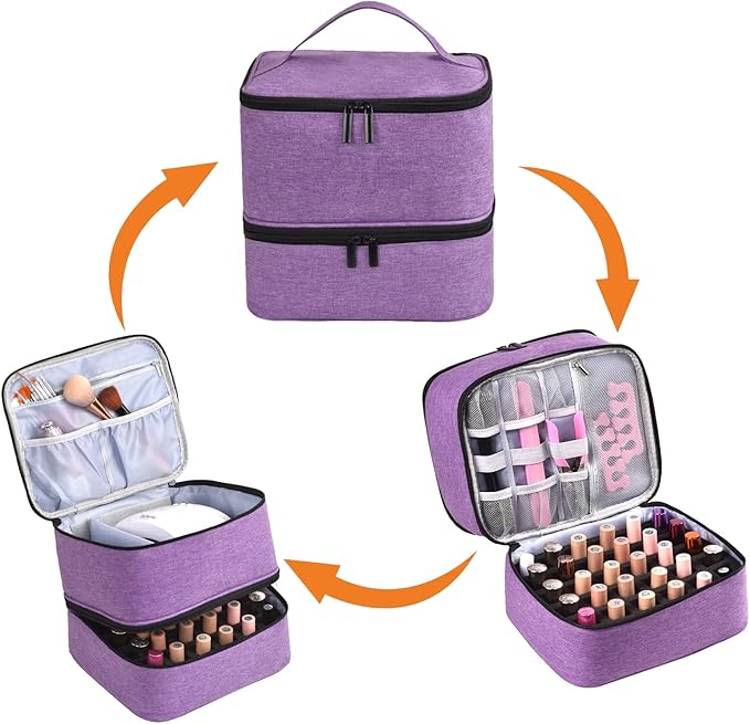 Nail Polish Organizer Holds 30 Bottles (15ml) and 1 Nail Light Nail Polish Carrying Case with Storage Pockets for Manicure Tools Double Layer Nail Storage Travel Bag with Handle (A-Purple)