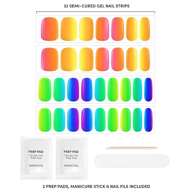 Dashing Diva Glaze Nail Strip Set - Rainbow Pop - Long Lasting, Chip Resistant, Semi-Cured Gel Nails - 4-Piece Manicure Kit with 32 Strips