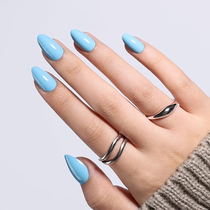 Blue Press On Nails Almond - Blue Almond Fake Nails, Short Press On Nails Reusable Stick On Nails in 16 Sizes, 32pcs False Nail Kit for Women & Girls(SoftBlue)