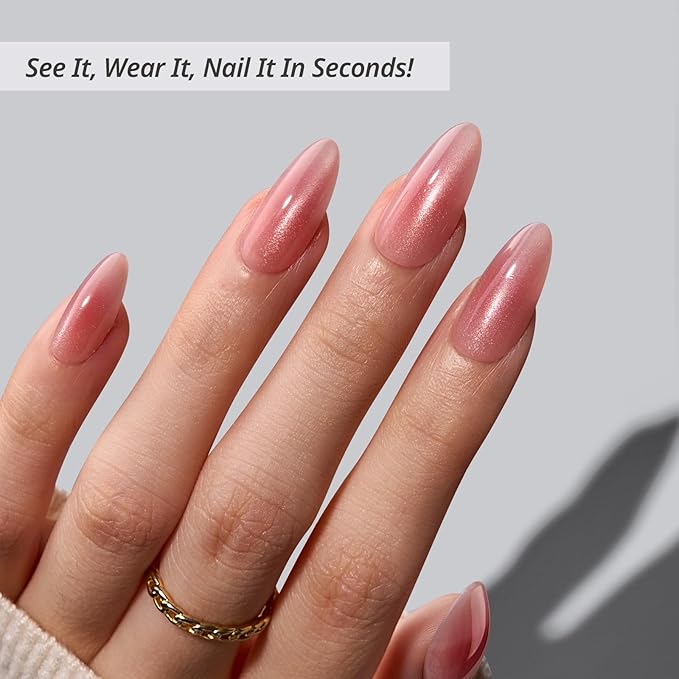 BTArtbox Press On Nails Almond - Pink Hypnotic, Lamp-Curable Cat Eye Ombre Medium Press On Nails with Glue and Adhesive Tabs for Women in 15 Sizes - 30 Soft Gel Glue On Nails Kit