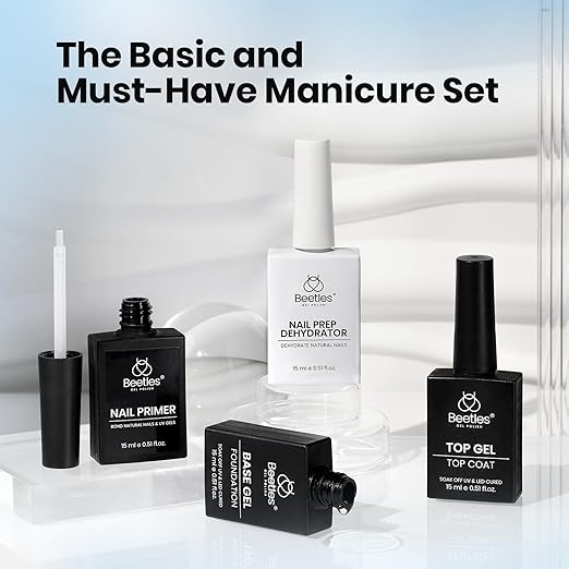 Beetles 4Pcs Gel Top Coat and Base Coat with Nail Dehydrator and Primer Set - Acid-Free & Hema-Free Nail Bond for Gel Polish & Acrylic Nails, Long-Lasting for Professional Manicure Prep Kit