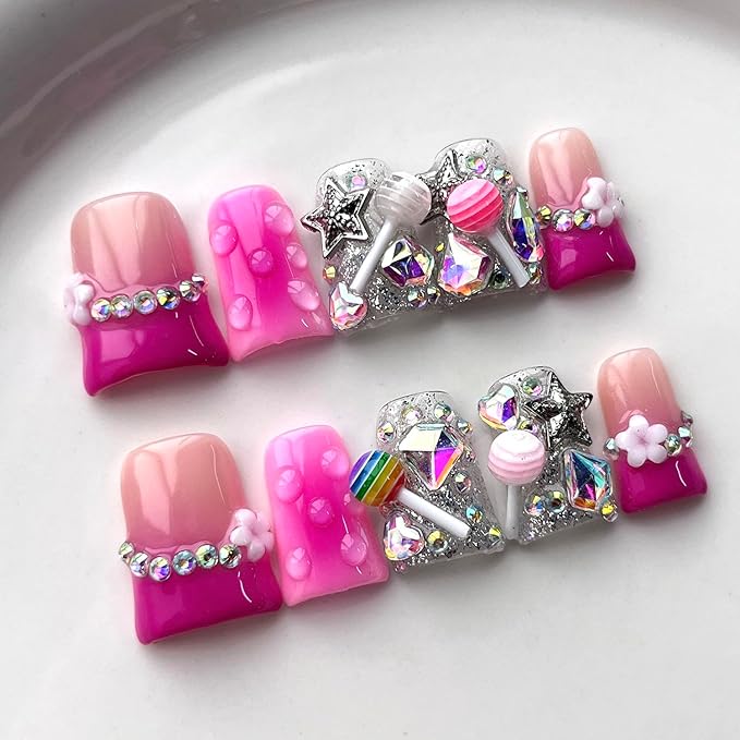 French Tip Press on Nails Handmade Short Duck 3D Thick Acrylic Nails Cute False Nails with Lollipop Stars Flower Designs Pink Glossy Fake Nail Sturdy Art Press on Nail 10Pcs(M)
