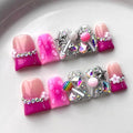 French Tip Press on Nails Handmade Short Duck 3D Thick Acrylic Nails Cute False Nails with Lollipop Stars Flower Designs Pink Glossy Fake Nail Sturdy Art Press on Nail 10Pcs(M)