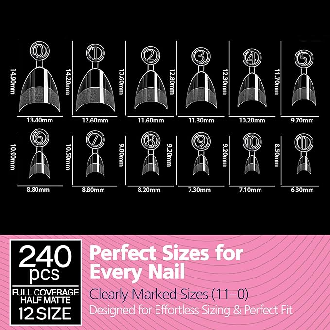 GELPARTY Soft Gel Half Cover Nail Tips - 240pcs Pre-Buffed Matte French Tips - No Filing Needed - Clear False Nails for Acrylic & Gel Extensions (12 Sizes)