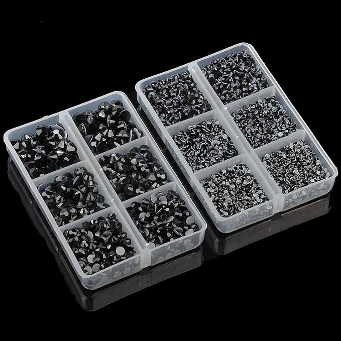 10000Pcs 2-Boxes Mixed Size Hot Fix Round Crystals Gems Glass Stones Hotfix Flat Back Rhinestones with Tweezers and Picking Pencil (Jet Black)