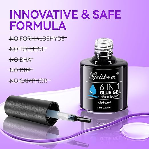 Gelike EC UV 6 in 1 Gel Nail Glue and Top Coat Kit No Wipe for Press-On Nails Gel-X Extensions Builder Gel Blooming No Pop-Off Low Odor Hema-Free Acrylic False Tips DIY at Home & Salon Art